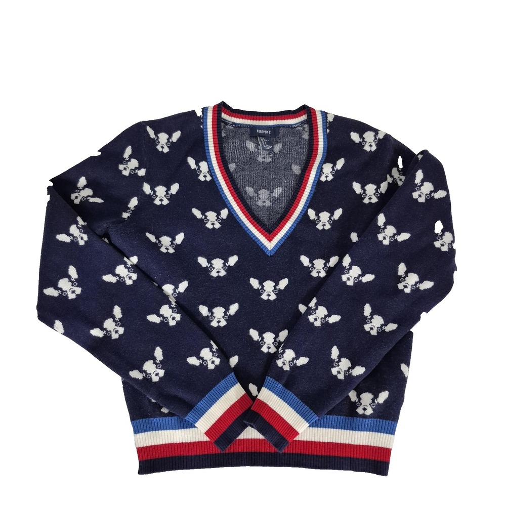 Forever 21 Frenchie Dog Pattern Sweater Teens Large Blue  V Neck Knit Pullover